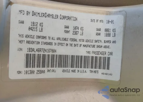 2002 Dodge Stratus Se Plus z USA, uszkodzony, nr VIN 1B3AL46R72N167004